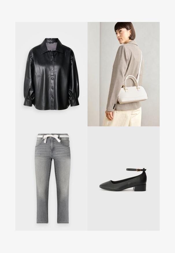 Crna kožna košulja jakna s ovratnikom, kopčanjem na gumbe i balon rukavima. Glatka tekstura i kroj prilagođen tijelu.; Sive traperice ravnog kroja, s remenom u prugama, prednjim džepovima i suptilnim izbljeđenjima na tkanini.; Crne kožne pumpe s oštrim vrhom i niskom blok petom. Sadrže remen oko gležnja s zlatnim kopčanjem. Glatka tekstura.; Bijela strukturna torba s kratkim ručkama i remenom za rame, s zlatnim metalnim detaljima i teksturiranim materijalom, prikazana na sivoj pozadini.