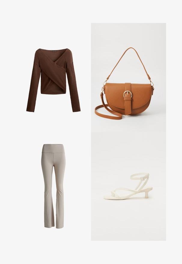 Smeđi rebrasti top dugih rukava s preklopljenim V-izrezom, teksturiranom tkaninom i prilagođenom siluetom. Ima duge rukave i kraći kroj.; Bež jeggings sa širim nogavicama izrađene od rastezljivog materijala. Visoki struk s suptilnim logotipom. Glatka tekstura bez vidljivih šavova ili uzoraka.; Svetložuta sandala s trakicama i niskom blok petom. Izrađena od glatkog materijala, s tankim trakama i kopčanjem oko gležnja.; Smeđa kožna torba preko tijela s zakrivljenim oblikom, zlatnim metalnim detaljima i naglaskom na kopču. Ima odvojivu naramenicu.