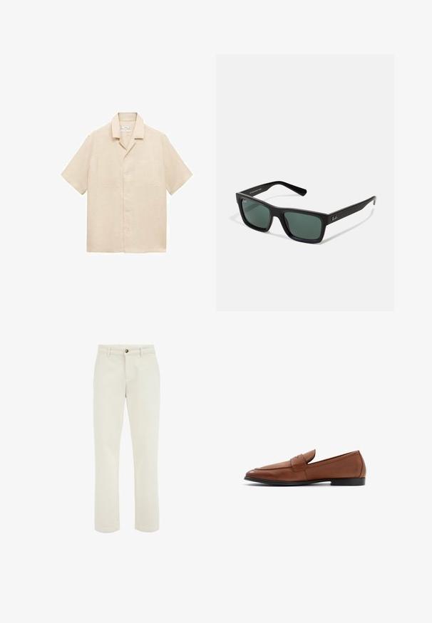 Krótki rękaw beżowej koszuli z lnu z kołnierzykiem, dwiema kieszeniami na piersi i przodem zapinanym na guziki. Gładka tekstura i luźny krój.; Beżowe spodnie bawełniane o prostym kroju. Wyposażone w przednie kieszenie, zamek błyskawiczny oraz pojedyncze zapięcie na guzik. Teksturowana tkanina o subtelnym połysku.; Brązowe skórzane mokasyny o niskim profilu, zaokrąglonym nosku i przeszyciach na cholewce. Gładka, czarna podeszwa.; Czarne prostokątne okulary przeciwsłoneczne z zielonymi soczewkami, o matowym wykończeniu, prostych zausznikach oraz z logo Ray-Ban z boku.
