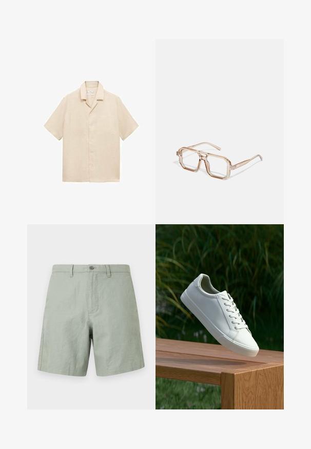 Bežena košulja s kratkim rukavima od lana, s kragnom, dva džepa na prsima i prednjim gumbima. Glatka tekstura i opušteni kroj.; Svijetlozelene lanene kratke hlače s ravnim prednjim dijelom, jednim gumbom za zatvaranje i bočnim džepovima. Ravni obrub s minimalnim detaljima šivanja.; Bijele tenisice s vezicama lebde iznad drvenih klupa uz pozadinu zelenog lišća, prikazujući dizajn i teksturu obuće.; Prozirne heksagonalne naočale s svijetlosmeškastim tonovima; debele, prozirne okvire i tanke nogice; nema vidljivih logotipa ili uzoraka.