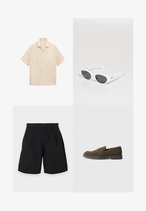 Camicia beige a maniche corte in lino con colletto, due tasche sul petto e chiusura con bottoni. Tessuto liscio e vestibilità comoda.; Pantaloni corti neri realizzati in tessuto liscio, con chiusura a bottone, due pieghe frontali e tasche laterali, dal taglio rilassato e orlo dritto.; Mocassino in suede marrone con punta arrotondata, una fascia sulla parte superiore e suola in gomma piatta. Design semplice con linee pulite e dettagli minimi.; Occhiali da sole bianchi con montatura arrotondata e lenti scure. Presentano una superficie in plastica liscia e un piccolo logo sulla tempia.