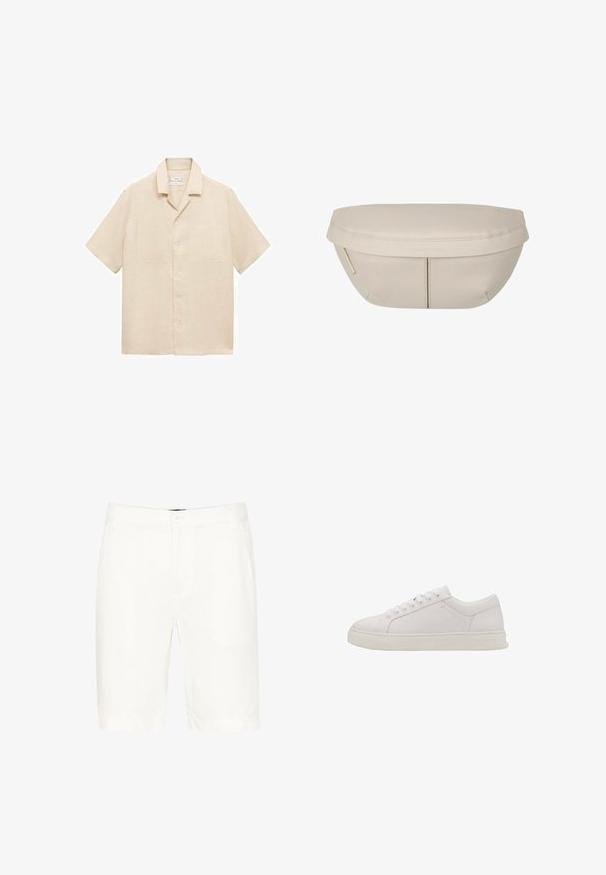 Korta ärmar beiga skjorta i linne med krage, två bröstfickor och knäppning framtill. Slät yta och avslappnad passform.; Vita bomullsshorts med en klassisk design, som har knappstängning, bälteshällor och raka ben som går ner till mitten av låret.; Vita lädersneakers med rund tå, platt sula och sex snörhål. Har en slät yta och minimalistisk design. Inga synliga mönster eller detaljer.; Beige tygpås med rundad form, med en platt topp och subtila sömdetaljer. Inkluderar en minimalistisk logotyp och en sidoremsa.