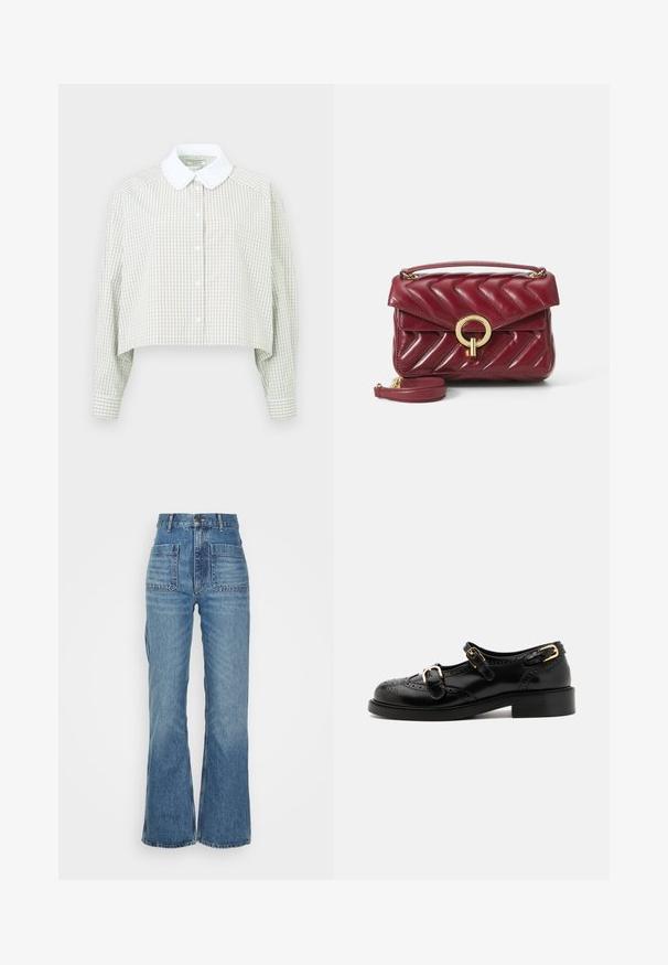 Lühikesed nööbid särk helesinise ja valge ruudustikuga. Omab valget kraed ja pikkade varrukatega nööbitavaid mansette. Pehme kangas.; Kõrgendatud vöökoht ja sinised teksad, millel on laienev jalaosa, kaks esikotid ja kaks tagakotid; tekstuuriga kangas, millel on pleekinud pesu.; Mustal nahast kingad brogue-tekstiiliga, millel on kaks pandla rihma, ümar varvas ja madal konts. Sujuv tekstuur ja läikiv viimistlus.; Burgundia nahast käekott, millel on chevroni õmblus, kuldsed ümmargused riistvara detailid, ülemine käepide ja reguleeritav õlavarre rihm. Kompaktne ja struktureeritud disain.