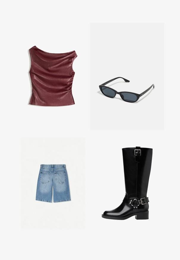 Burgundy konstläder topp med draperad front, asymmetrisk halsringning och samlad sidodetalj. Slät textur, åtsittande silhuett.; Denimshorts i ljusblått med en avslappnad passform. Har två bakfickor och en rak bendesign. Slät textur med minimal blekning.; Svart läderknähöga stövlar med rund tå, kraftig klack, justerbar rem med metallackcenter och en glänsande finish.; Svarta kattögon-solglasögon med mörka linser, plastbåge, smala skalmar och subtil branding på den inre armen. Matt yta.; Svart läderaxelväska med en böjd silhuett, försedd med ett guldkedjestraps och en slät, blank yta.
