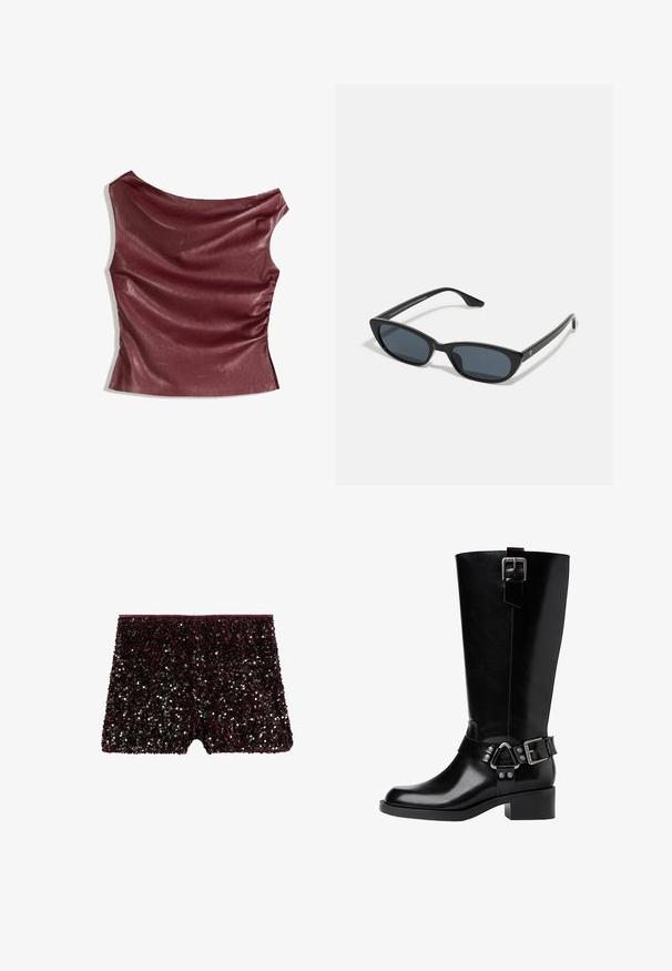 Burgundské top z faux kože s drapovným predným dielom, asymetrickým výstrihom a zberaným bočným detailom. Hladká textúra, priliehavá silueta.; Burgundské šortky s lesklým dizajnom, plne pokryté trblietkami v čiernej a striebornej farbe, s elastickým pásom.; Čierne kožené vysoké čižmy po kolená s okrúhlou špičkou, masívnym podpätkom, nastaviteľným remienkom s kovovými akcentmi a lesklým povrchom.; Čierne mačacie slnečné okuliare s tmavými sklami, plastovým rámom, štíhlymi spolkami a jemným brandingom na vnútornej strane ramena. Matná povrchová úprava.; Čierna kožená taška cez rameno s zakriveným siluetou, vybavená zlatým reťazcom a hladkým, lesklým povrchom.