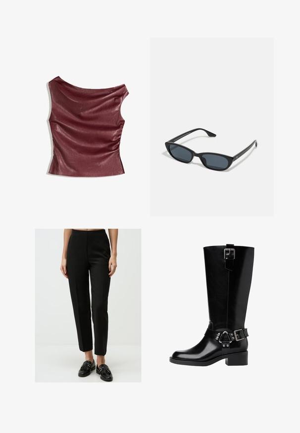 Bordeaux nep-leer top met gedrapeerde voorkant, asymmetrische halslijn en geplooid detail aan de zijkant. Glad textuur, slim fit silhouet.; Zwarte op maat gemaakte broek met een soepele textuur, hoge taille, rechte pijpen en subtiele plooidetails, gecombineerd met zwarte instappers.; Zwarte leren knie-lange laars met een ronde neus, een chunky hak, een verstelbare band met hardware-accenten en een glanzende afwerking.; Zwarte cat-eye zonnebril met donkere lenzen, kunststof frame, slanke pootjes en subtiele branding op de binnenkant van de poot. Mat afgewerkte textuur.; Zwarte leren schoudertas met een gebogen silhouet, voorzien van een gouden kettingriem en een soepele, glanzende afwerking.