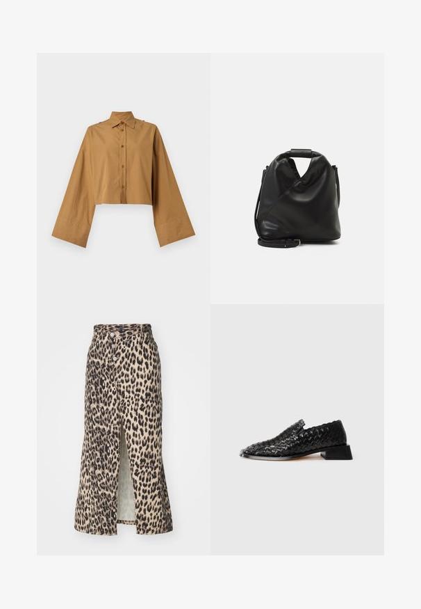Chemisier court en coton beige, avec un col pointu et de larges manches au toucher doux. Deux boutons aux accents des épaules.; Jupe midi à imprimé léopard en tissu doux, avec une fente sur le devant, une fermeture à boutons et une taille cintrée, dans des tons neutres avec des accents noirs.; Chausson en cuir noir tressé à enfiler avec un petit talon carré et des détails festonnés, présenté sur un fond blanc.; Sac en cuir noir et doux avec un design torsadé unique. Doté d'une courte poignée et d'une bandoulière amovible. Style minimaliste.