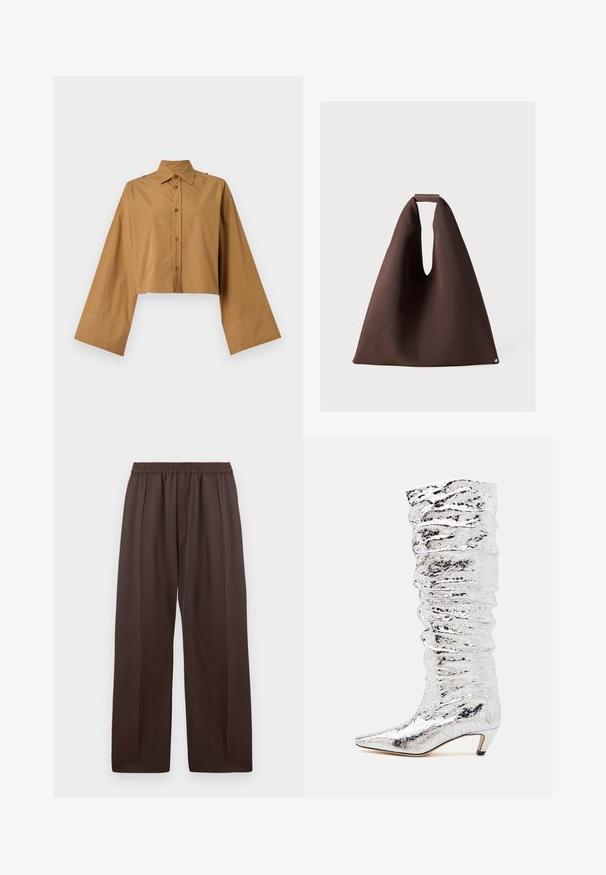 Cropped button-up shirt in tan cotton, featuring a pointed collar and wide sleeves with a smooth texture. Two buttons at shoulder accents.; Brown wide-leg trousers with elastic waistband and subtle front pleats, displayed flat against a white background.; Silver knee-high boot with crinkled texture, pointed toe, and a low heel. Made from shiny material with a reflective surface.; Brown fabric tote bag with a unique shape, featuring a wide opening, textured surface, and a small circular accent at the base.
