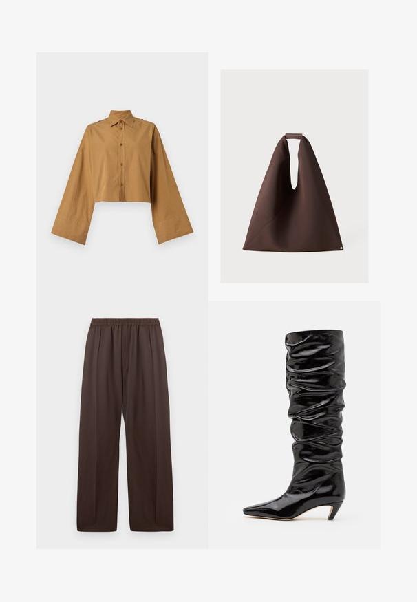 Cropped button-up shirt in tan cotton, featuring a pointed collar and wide sleeves with a smooth texture. Two buttons at shoulder accents.; Brown wide-leg trousers with elastic waistband and subtle front pleats, displayed flat against a white background.; Black, glossy knee-high boot with a ruched texture, pointed toe, and a low cone heel. Smooth material with subtle sheen.; Brown fabric tote bag with a unique shape, featuring a wide opening, textured surface, and a small circular accent at the base.