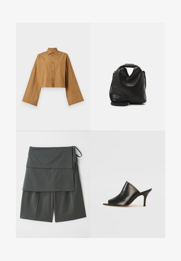 Īsā pogu krekls no gaišbrūnas kokvilnas, ar norādītu apkakli un platām piedurknēm, kas ir gludas tekstūras. Divas pogas plecos kalpo kā akcenti.; Tumši pelēki neitrāli šorti ar slāņveida dizainu, kas ietver augšējo paneli un sasiešanas elementus sānos. Izgatavoti no gluda, viegla auduma.; Melna ādas atvērta pirksta mule ar elegantu, izliekta dizaina, augstu stiletto papēdi un gludu tekstūru. Iekšpusei ir kontrastējoša gaiša krāsa.; Melnas, mīkstas ādas soma ar unikālu savērptu dizainu. Iespējo īsu rokturi un noņemamu plecu siksnu. Minimalistisks stils.