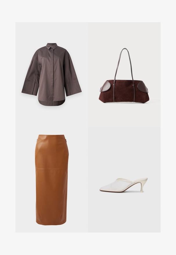MM by MaxMara SAPORE - Užsagstoma palaidinė - mud; Rudos odos midi sijonas su prigludusia siluetu, šoninėmis užtrauktukais ir lygia tekstūra. Turėtų horizontalų siūlės detalę prie apvado.; Baltos tinklelio smailiakojės mules su plonu vidutinio aukščio kulnu ir užkulnio dizainu ant vientiso fono.; Rudas zomšos maišas su odiniais akcentais, struktūrinė forma, dvi pečių rankenos ir apskriti kampai, pasižymintis lygiu paviršiumi ir minimaliais aksesuarais.