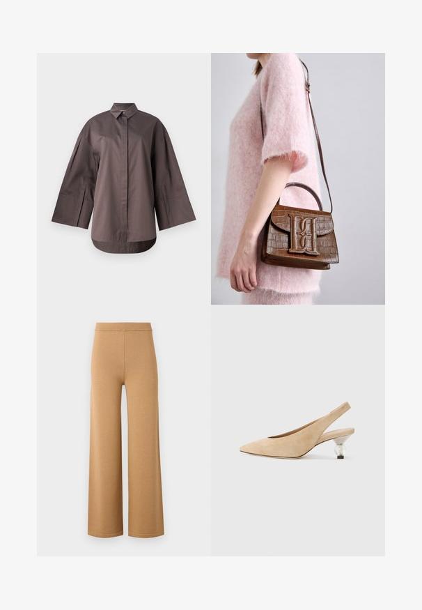 MM by MaxMara SAPORE - Paitapusero - mud; Housut, joissa on leveät lahkeet ja beige väri, valmistettu pehmeästä ja joustavasta kankaasta. Niissä on korkea joustava vyötärö ja siistit, yksinkertaiset saumat.; Beige mokkanahka slingback-kengät, joissa on teräväkärkinen muoto ja läpinäkyvä, pyöreä korko. Sileä pinta ja minimalistinen muotoilu.; Ruskea krokotiili-illalla kuvioitu käsilaukku, jossa on päällikahva ja olkahihna. Etu-läpän päällä on näkyvä logo. Pehmeä tekstuuri.