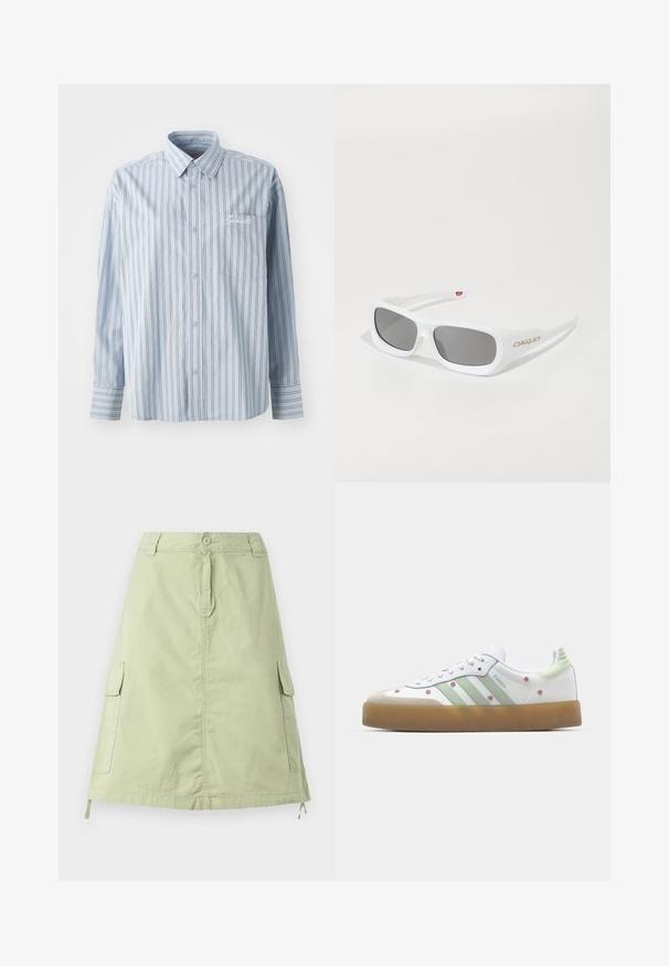 Lys blå langermet skjorte med knapper og hvite og mørke vertikale striper, samt en brystlomme med hvit skrifttypebrodering.; Lys grønn bomullskjørt i kne-lengde med to side cargo lommer, knappelukking og en avslappet rett passform. Enkelt tekstur.; Hvit sneaker med grønne detaljer, tre striper, blomsterbroderi og gummisåle. Har en avrundet tå og snøring.; Hvite rektangulære Oakley-solbriller med mørke linser som hviler på en hvit overflate, logo synlig på siden.
