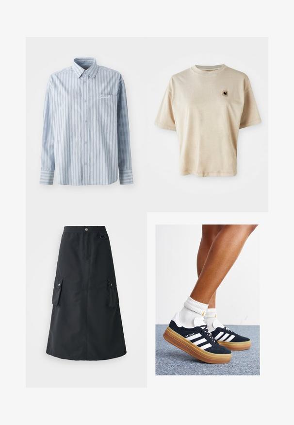 Világoskék, hosszú ujjú, gombos ing, fehér és sötét függőleges csíkokkal, elöl zsebében fehér hímzett felirattal.; Beige pamut póló laza szabással, kerek nyakkal, rövid ujjakkal és egy kis négyzet alakú logóval a bal mellrészen.; Fekete, középidőig érő szoknya könnyű anyagból, gumis derékrésszel, két cargo zsebbel és finom fénylő felülettel.; Fekete velúr sportcipő fehér csíkokkal és díszítésekkel, lekerekített orral, gumitalpú külső résszel, fehér bordázott bokazoknival párosítva.