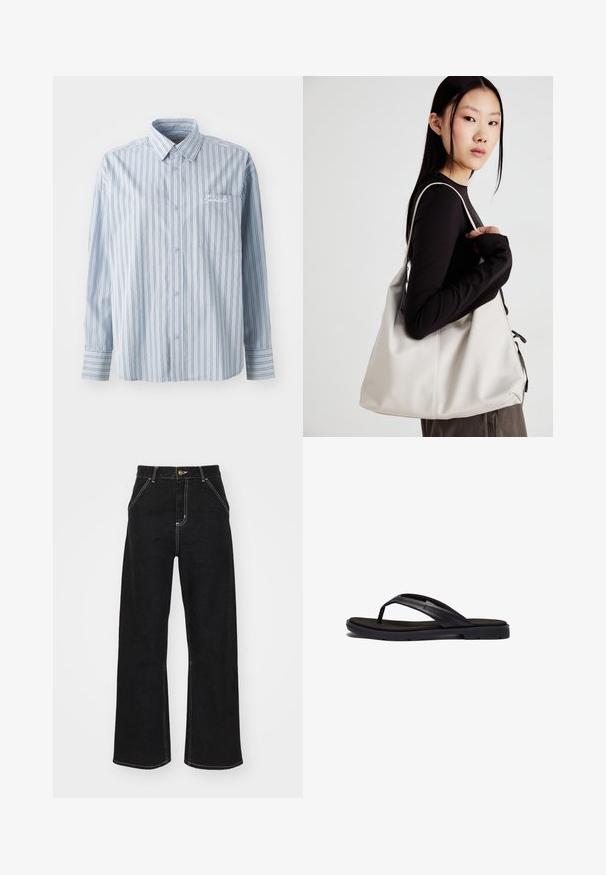 Light blue long-sleeve button-up shirt with white and dark vertical stripes and a front chest pocket featuring white script embroidery.; Black wide-leg jeans made of denim, featuring contrasting white stitching and a front button closure, with two angled front pockets.; Black flip-flop featuring a soft-textured rubber sole and sleek synthetic straps. The design includes minimal hardware and a low profile.; Beige handbag made of soft material, featuring a slouchy design, stitched detailing, and two shoulder straps. Suitable for everyday use.