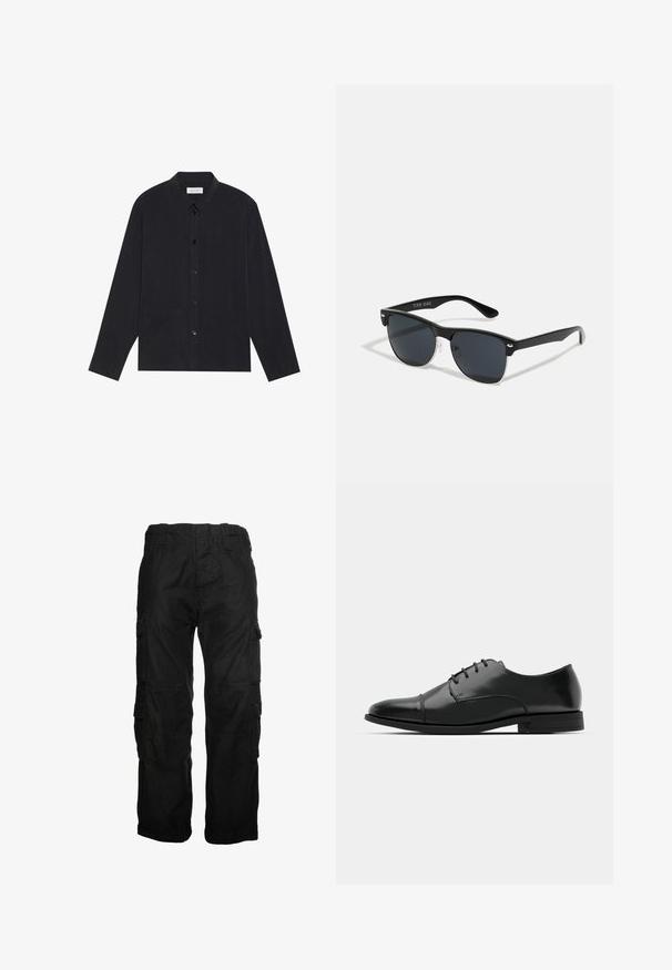 Cămașă neagră cu mânecă lungă, cu închidere cu nasturi, guler, două buzunare frontale și o textură a materialului.; Pantaloni cargo negri din bumbac, cu multiple buzunare laterale, talie elastică și o croială relaxată. Textură netedă cu detalii de cusătură.; Pantofii negri din piele, cu vârful rotunjit, design cu șireturi, detalii de cusătură subtile și toc joasă. Textura netedă cu un finisaj lustruit.; Ochelari de soare negri cu o formă rectangulară, lentile întunecate, accente argintii la tâmple și un finisaj mat pe cadru.