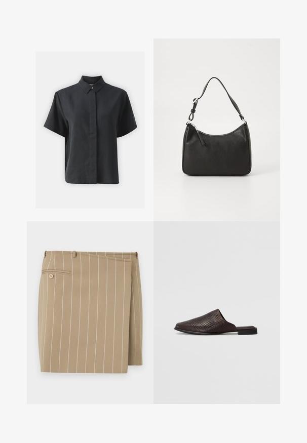 Camisa de botones negra de manga corta con cuello clásico, hecha de una tela suave, con corte recto y diseño minimalista.; Falda beige con rayas blancas verticales, hecha de una tela texturizada. Presenta un solapa frontal y un bolsillo trasero con un detalle de botón.; Mule negro sin cierres hecho de material texturizado con un patrón de reptil, que presenta un tacón bajo y plano y un diseño de punta redondeada y abierta.; Bolso de mano de cuero negro con forma curvada, una sola correa, cierre de cremallera y marcas sutiles en la parte frontal. Textura suave, diseño minimalista.