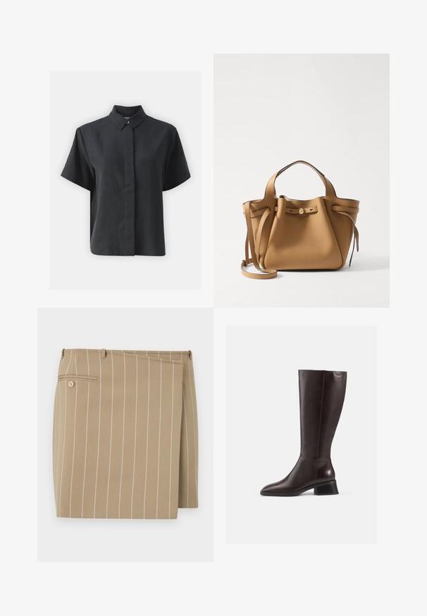 Kurzärmliges schwarzes Hemd mit Knopfleiste und klassischem Kragen, aus einem glatten Stoff gefertigt, mit geradem Schnitt und minimalistischem Design.; Beige Rock mit vertikalen weißen Streifen, aus einem strukturierten Stoff gefertigt. Verfügt über eine vordere Klappe und eine rückwärtige Tasche mit einem Knopfdetail.; Knöchelhohe, braune Lederstiefel mit glatter Oberfläche, abgerundeter Spitze und gestapeltem schwarzen Absatz. Schlichtes Design mit minimalen Hardware-Details.; Tory Burch ROMY PEBBLED SATCHEL - Handtasche - tiramisu
