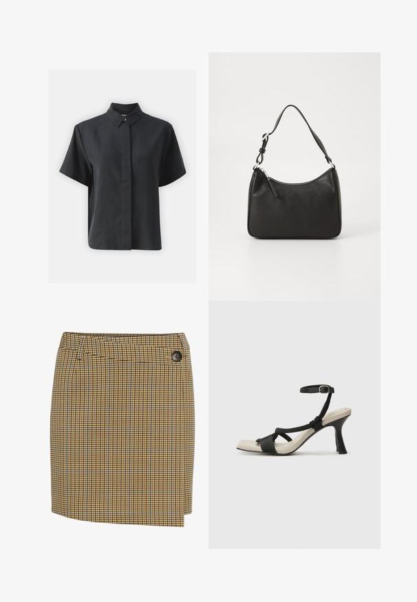 Kratka črna srajca na gumb s kratkimi rokavi in klasičnim ovratnikom, izdelana iz gladkega blaga, s ravnim krojem in minimalističnim dizajnom.; Rjava in rumena karirana krila z modrimi poudarki. Ima ravno krojenje, stransko zapiranje s gumbi in gladko teksturo tkanine.; Črne sandale na visoki peti z prepletenim trakom, kvadratnim nosom in nastavljivim gležnjenjem. Svetlo bež podplat z sijajno črno peto.; Črna usnjena torba za roke s ukrivljenim oblikom, enim trakom, zadrgo in diskretnim blagovnim znamkom na sprednjem delu. Gladka tekstura, minimalističen dizajn.
