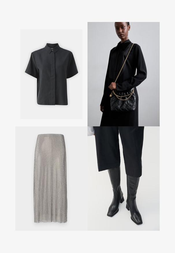 Kortærmet sort skjorte med knapper og klassisk krave, lavet af et glat stof, med lige snit og minimalistisk design.; Sølvplisseret nederdel lavet af metallisk net, med en lige silhuet og en glat tekstur med en subtil glans.; Sorte læder støvler til knæene med firkantet tå og blokhælc. Har en sidezipper og glat tekstur.; Sort quiltet læderhåndtaske med en samlet top, guldkæde-rem og rektangulær form, holdt mod en ensfarvet baggrund.