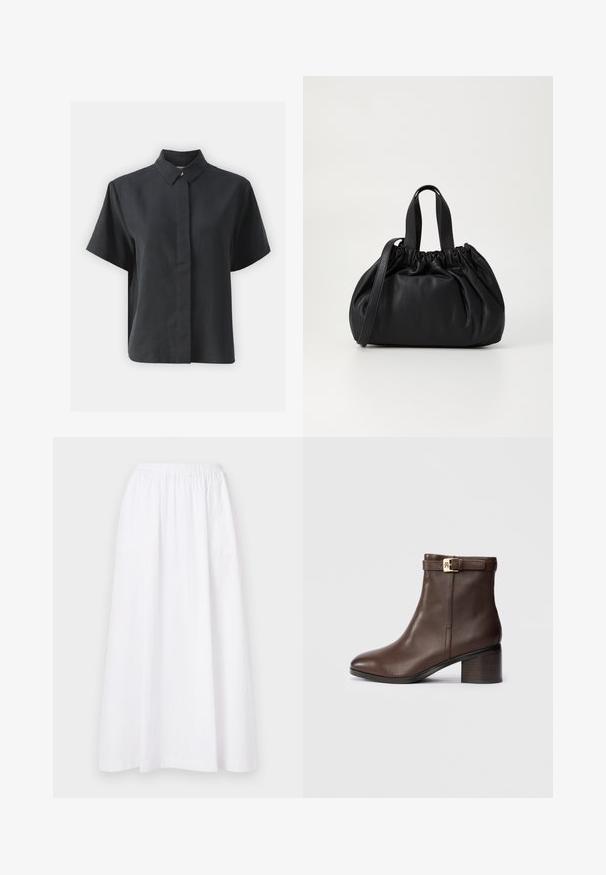 Short-sleeve black button-up shirt with a classic collar, made of a smooth fabric, featuring a straight cut and minimalistic design.; White, knee-length skirt with an elastic waistband, featuring a simple design and lightweight fabric, exhibiting a smooth, plain texture.; Brown leather ankle boot with a rounded toe, low block heel, and a decorative buckle strap at the ankle. Smooth texture and sleek design.; Black leather handbag with a gathered top design, featuring two short handles and a long adjustable strap. Smooth texture, rounded shape.
