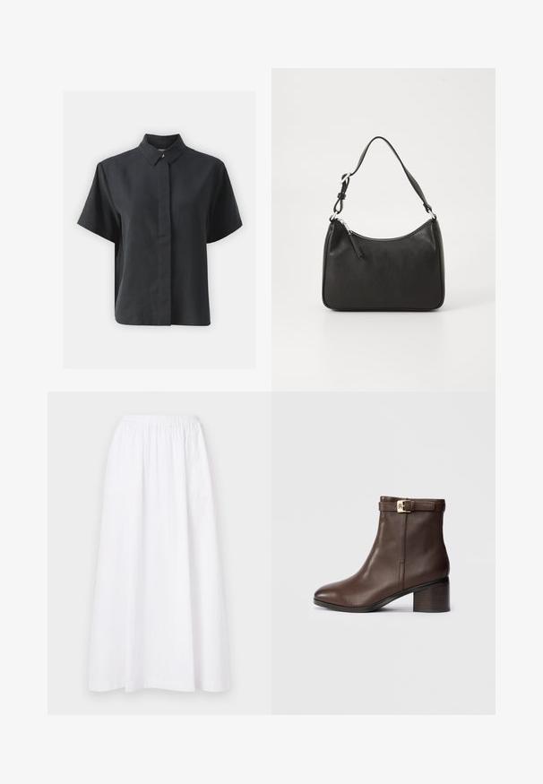 Camisa de botones negra de manga corta con cuello clásico, hecha de una tela suave, con corte recto y diseño minimalista.; Falda blanca, de longitud a la rodilla, con una cintura elástica, que presenta un diseño sencillo y una tela ligera, exhibiendo una textura lisa y uniforme.; Botín de piel marrón hasta el tobillo con puntera redondeada, tacón bajo y recto, y una correa decorativa con hebilla en el tobillo. Textura suave y diseño elegante.; Bolso de mano de cuero negro con forma curvada, una sola correa, cierre de cremallera y marcas sutiles en la parte frontal. Textura suave, diseño minimalista.