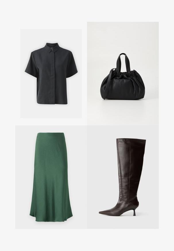 Chemise noire à manches courtes, avec un col classique, fabriquée en tissu lisse, présentant une coupe droite et un design minimaliste.; Jupe verte foncée de longueur mi-longue en tissu lisse et léger. Présente un design simple en A avec une légère évasement à l'ourlet.; Botte en cuir marron, hauteur genou, avec un bout pointu et un talon fin. Texture lisse et design élégant, arborant une silhouette minimaliste.; Sac à main en cuir noir avec un design à haut froncé, doté de deux poignées courtes et d'une bandoulière longue et réglable. Texture lisse, forme arrondie.