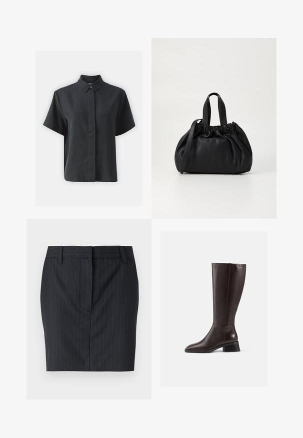 Kratkām piedurknēm melna pogājama krekla ar klasisku apkakli, kas izgatavots no gludas auduma, ar taisnu griezumu un minimālistisku dizainu.; Melnas svītraines piegrieztas svārki ar jostu cilpiņām un slēptu priekšējo aizdari, attēloti uz balta fona.; Ceļa augstuma brūni ādas zābaki ar gludu apdari, noapaļota purngala un melnu žurnālā. Vienkāršs dizains ar minimālām detaļām.; Melnas ādas rokassomu ar savākta augšdaļa dizainu, kas aprīkota ar divām īsām rokturiem un garu regulējamu siksnu. Gluda tekstūra, noapaļota forma.