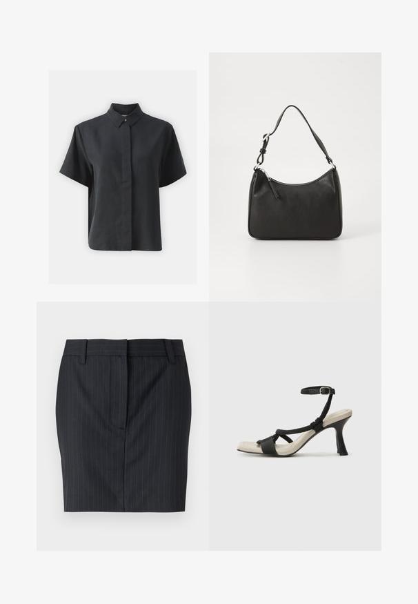 Rövid ujjú fekete gombos ing, klasszikus gallérral, sima anyagból készült, egyenes vonalvezetésű és minimalista dizájnnal.; Fekete csíkos, testre szabott szoknya övhurkokkal és rejtett elülső záródással, fehér háttér előtt bemutatva.; Fekete sarkú szandál fonott pánttal, négyzet alakú orral és állítható bokapánttal. Világos bézs talpbetét fényes fekete sarkával.; Fekete bőrtáska ívelt formával, egyetlen pánttal, cipzáras záródással és diszkrét logóval az elején. Simább textúra, minimalista dizájn.