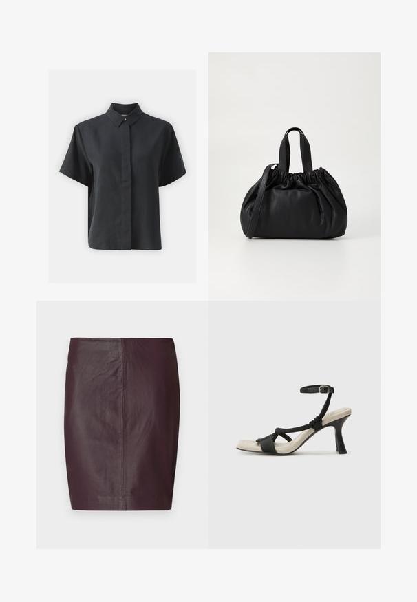 Kortermet svart skjorte med knapper og klassisk krage, laget av et glatt stoff, med rett skjæring og minimalistisk design.; Mørk burgunder lærskjørt med en glatt tekstur, tettsittende design og en rett silhuett. Har minimale sømmer og ingen synlig maskinvare.; Sorte helårs sandaler med flettet stroppesdesign, firkantet tå og justerbar ankelrem. Lys beige fotseng med glanset svart hæl.; Svart lærveske med en samlet toppdesign, som har to korte håndtak og en lang justerbar stropp. Glatt tekstur, rund form.