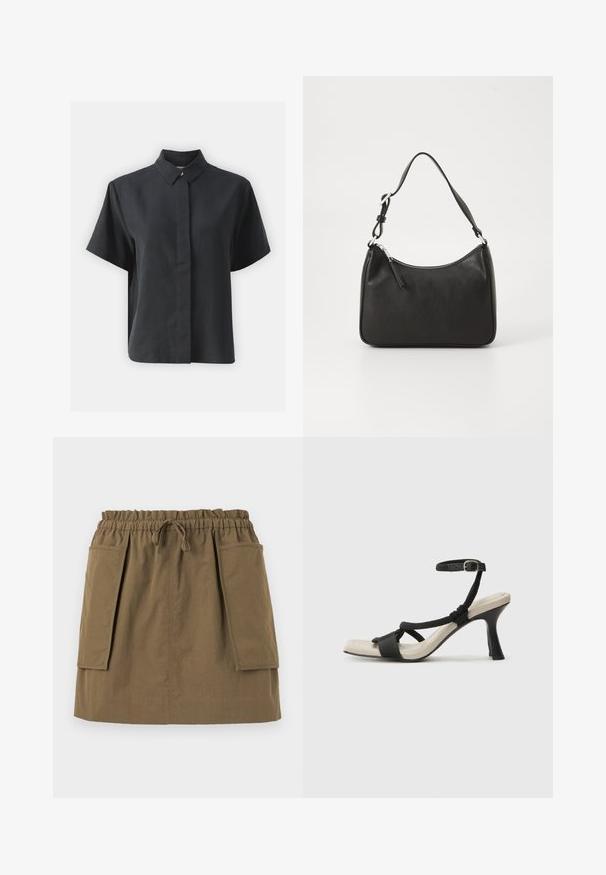 Lühikeste varrukatega must nööbiga särk klassikalise kraega, valmistatud siledast kangast, sirge lõike ja minimalistliku disainiga.; Olive roheline, põlvepikkune seelik, millel on elastne vöökoht, nöör ja kaks suurt küljetaskut. Valmistatud kergest kangast, millel on nähtavad õmblused.; Mustad musta kontsaga sandaal, millel on punutud rihma disain, ruudukujuline varvas ja reguleeritav pahkluu rihm. Heleda beeži värvi jalapadi ja läikiv must konts.; Must musta käekott, millel on kumer kuju, üks rihm, lukuga sulgemine ja peen brändimine esiküljel. Sile tekstuur, minimalistlik disain.