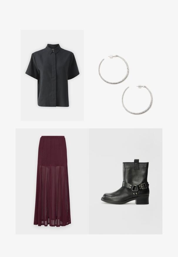 Lyhythihainen musta nappipaita, jossa on klassinen kaulus, valmistettu sileästä kankaasta, suoran leikkauksen ja minimalistisen muotoilun omaava.; Burgundi läpinäkyvä maksihame, jossa on pleatattu muotoilu, pehmeä ja laskostettu rakenne sekä sileä vyötäröosa, joka ulottuu täyspitkään helmaan.; Samsøe Samsøe SABRENTA - Biker-/cowboynilkkurit - black; Punosilveriset korvaketjut, joissa on teksturoitu pinta. Vankka takanakki sulkija, jossa on pieni, sylinterimäinen aksentti.
