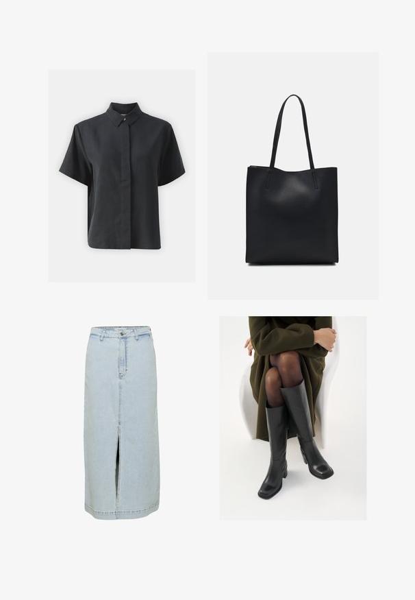Camisa de botones negra de manga corta con cuello clásico, hecha de una tela suave, con corte recto y diseño minimalista.; Falda de mezclilla en azul claro, de corte recto, a la altura de la rodilla, con una apertura frontal, pasadores para cinturón y cierre de botón en la cintura.; Botas de cuero negro hasta la rodilla con puntera cuadrada y tacón de bloque, presentadas con un modelo sentado en un abrigo verde oliva. Textura suave, mínimo detalle.; Bolso tote de cuero negro con textura lisa, forma rectangular y dos asas largas. Sin herrajes ni adornos visibles.