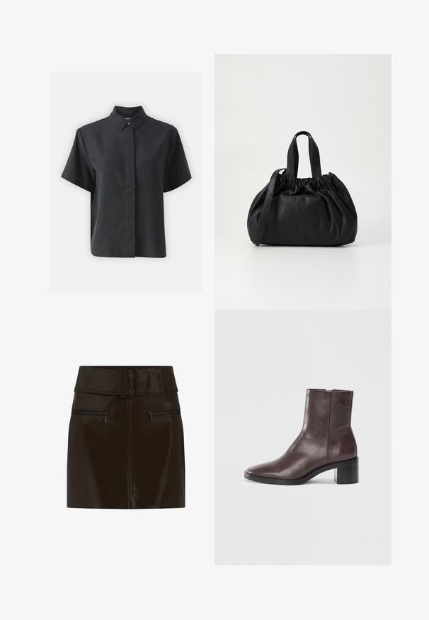 Camisa preta de botão de manga curta com colarinho clássico, feita de um tecido suave, com corte reto e design minimalista.; Saia mini em imitação de couro castanho com uma cintura larga, fivela quadrada e duas bolsas laterais com fecho éclair. Textura suave e brilhante.; Bota de tornozelo de couro castanho escuro com bico quadrado, salto bloco e um discreto logotipo embossado próximo ao topo, sobre um fundo branco liso.; Bolsa de couro preta com um design de topo franzido, apresentando duas alças curtas e uma alça longa ajustável. Textura suave, formato arredondado.