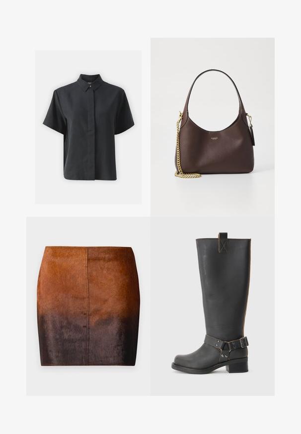 Kratka crna košulja s dugim rukavima i klasičnim ovratnikom, napravljena od glatkog materijala, s ravnim krojem i minimalističkim dizajnom.; Mini suknja smeđe gradacije, izrađena od mekanog materijala, s glatkom teksturom, uskim krojem i preciznim šavovima duž rubova.; Crne kožne čizme do koljena s teksturiranom završnom obradom, sa bočnim detaljem s kopčom i niskom petom. Detaljno šivanje duž šavova.; COACH BROOKLYN SHOULDER BAG 23 - Ručna torba - maple