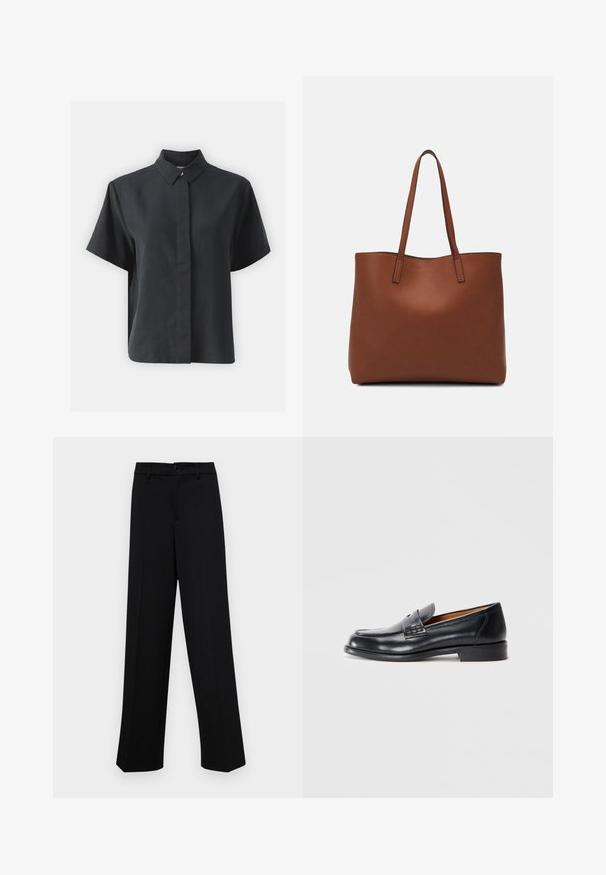 Short-sleeve black button-up shirt with a classic collar, made of a smooth fabric, featuring a straight cut and minimalistic design.; Black wide-leg trousers made of smooth fabric, featuring a classic waistband with a button closure and front pleats.; Black leather loafer with a rounded toe, stitched detailing, and a smooth texture. Features a low heel and slip-on design.; Brown leather tote bag with a smooth texture, open top design, and two shoulder straps. Features minimal stitching and no visible hardware.
