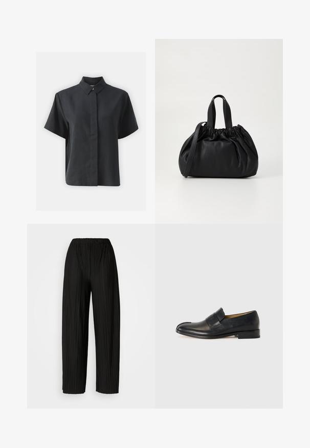 Černá košile s krátkým rukávem a klasickým límcem, vyrobená z hladkého materiálu, s rovnými liniemi a minimalistickým designem.; Černé široké kalhoty se sklady a elastickým pasem. Tkanina má vertikální sklady a hladkou texturu.; Černé kožené loafers s hladkým povrchem, kulatou špičkou a výrazným páskem přes přední část; vyznačují se minimalistickým designem.; Černá kožená kabelka s designem staženého vršku, která má dvě krátké ucha a dlouhý nastavitelný popruh. Hladký povrch, zaoblený tvar.