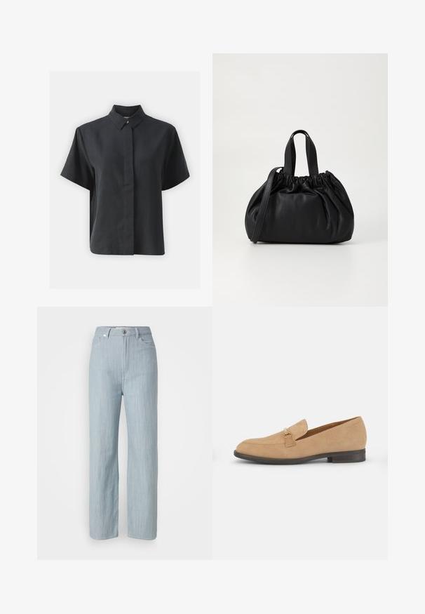 Kratkām piedurknēm melna pogājama krekla ar klasisku apkakli, kas izgatavots no gludas auduma, ar taisnu griezumu un minimālistisku dizainu.; Gaiši zilas taisnas kājas džinsi, izgatavoti no džinsa auduma. Iezīmē piecas kabatas, metāla pogu aizdari un smalku nodilumu tekstūrai.; Beige zamšains mokasīns ar slēgtu pirkstu, minimālu šuvju un dekoratīvu siksniņu ar zelta toņa metāla akcentu. Plakans papēdis.; Melnas ādas rokassomu ar savākta augšdaļa dizainu, kas aprīkota ar divām īsām rokturiem un garu regulējamu siksnu. Gluda tekstūra, noapaļota forma.