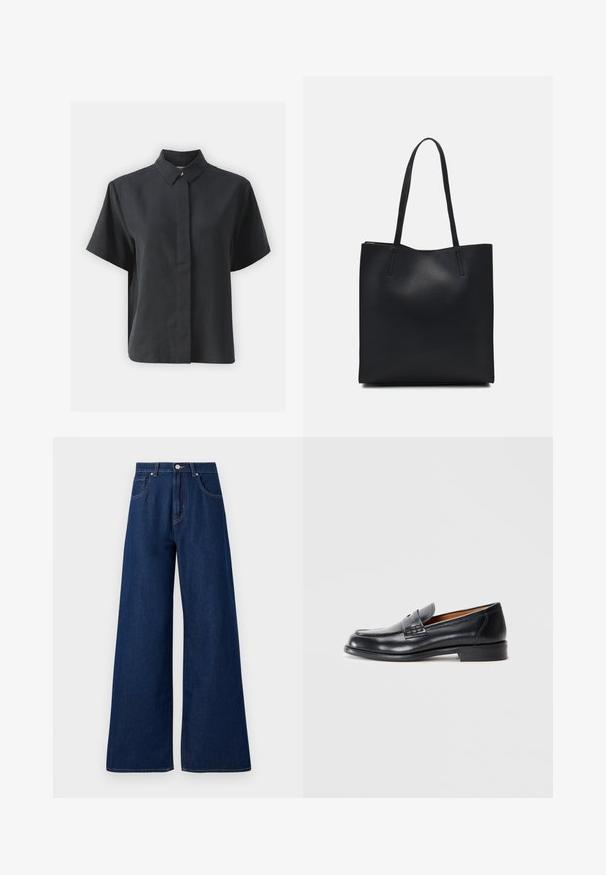 Short-sleeve black button-up shirt with a classic collar, made of a smooth fabric, featuring a straight cut and minimalistic design.; Wide-leg denim jeans in dark blue. Features classic five-pocket design, button closure, and contrasting stitching. Smooth texture.; Black leather loafer with a rounded toe, stitched detailing, and a smooth texture. Features a low heel and slip-on design.; Black leather tote bag with smooth texture, rectangular shape, and two long handles. No visible hardware or embellishments.