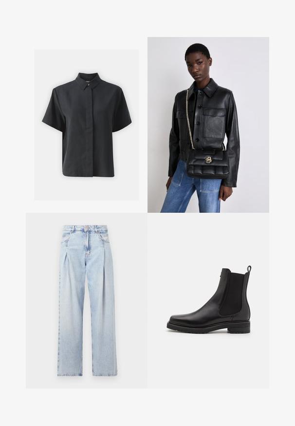 Short-sleeve black button-up shirt with a classic collar, made of a smooth fabric, featuring a straight cut and minimalistic design.; Light blue denim jeans with a high waist, wide-leg cut, two side pockets, and pleated design feature. Soft texture with a faded finish.; Black leather ankle boot with elastic side panels, a low stacked heel, and a pull tab on the back. Smooth texture and sleek design.; Black leather jacket with button closure and two front pockets, paired with a black quilted handbag featuring a gold clasp and chain strap.
