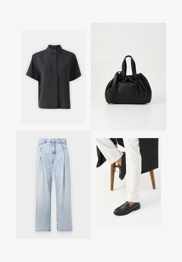 Kortermet svart skjorte med knapper og klassisk krage, laget av et glatt stoff, med rett skjæring og minimalistisk design.; Lyseblå denimjeans med høy livlinje, vide ben, to sidelommer og plisserte detaljer. Myk tekstur med en falmet finish.; Svarte lærloafers med en glatt tekstur og et bredt stroppdetalj, brukt med hvite skreddersydde bukser. Hælen har et flatt design.; Svart lærveske med en samlet toppdesign, som har to korte håndtak og en lang justerbar stropp. Glatt tekstur, rund form.