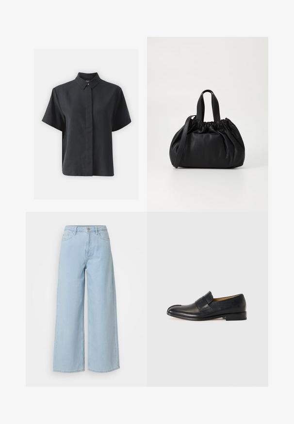 Short-sleeve black button-up shirt with a classic collar, made of a smooth fabric, featuring a straight cut and minimalistic design.; Light blue wide-leg jeans made of denim, featuring a button and zip closure, two front pockets, and a clean, finished hem.; Black leather loafers with a smooth texture, a rounded toe, and a prominent strap across the front; features minimalistic design.; Black leather handbag with a gathered top design, featuring two short handles and a long adjustable strap. Smooth texture, rounded shape.