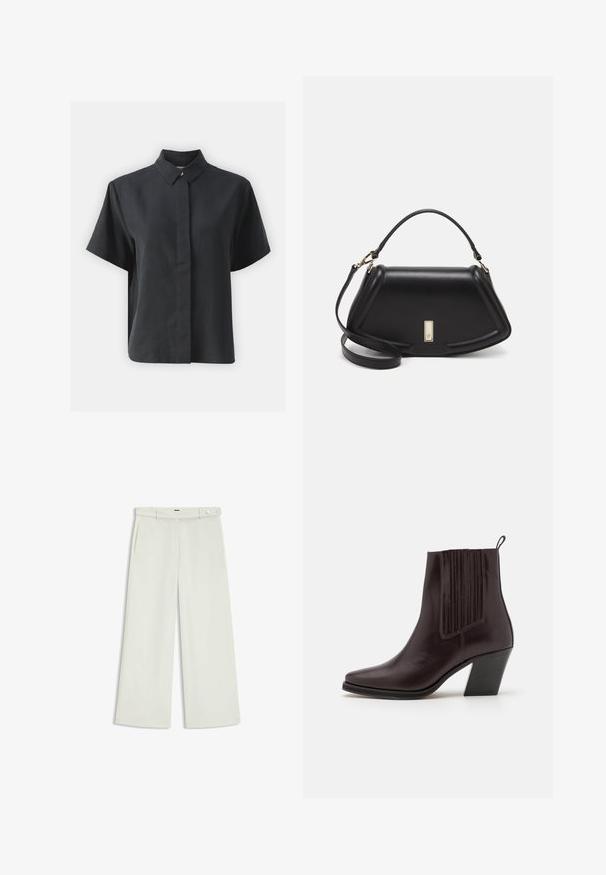 Chemise noire à manches courtes, avec un col classique, fabriquée en tissu lisse, présentant une coupe droite et un design minimaliste.; Pantalons à jambes larges en tissu crème clair, dotés de poches latérales, d'un devant plat et d'une fermeture à un bouton à la taille. Texture lisse.; Bottine en cuir marron foncé avec un bout pointu, des détails rainurés verticaux sur le côté et un talon carré de hauteur moyenne.; Sac à main en cuir noir avec un design structuré, featuring une forme cropped, une poignée supérieure et des accents en matériel doré. Bandoulière réglable incluse.