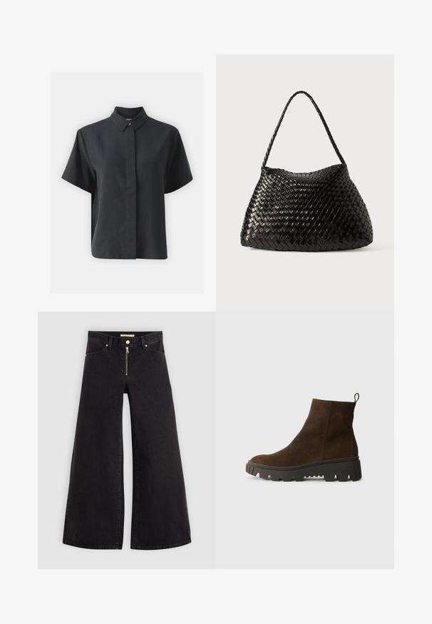 Rövid ujjú fekete gombos ing, klasszikus gallérral, sima anyagból készült, egyenes vonalvezetésű és minimalista dizájnnal.; Fekete denim széles szárú farmer, cipzáros elejével, öt zsebes kialakítással és diszkrét varrással. Sima textúra és laza stílus.; Barna velúr bokacsizma masszív fekete gumitalppal, enyhén sarokkal és hátul elhelyezett húzófüllel a könnyű felvétel érdekében.; Fekete szőtt bőr kézi táska, amely ívelt, puha formájú és egyetlen fonott pánttal rendelkezik, sima felülete és bonyolult mintázata van.