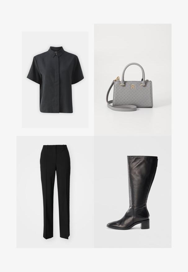 Kortermet svart skjorte med knapper og klassisk krage, laget av et glatt stoff, med rett skjæring og minimalistisk design.; Sorte skreddersydde bukser med rett silhuett, med en glatt tekstur og klare pressede bretter foran. Ingen synlig maskinvare.; Sorte skinnknelengde støvel med firkantet tå, blokkhæl og slank design. Glatt tekstur med glidelås på siden for enkel bruk.; Tommy Hilfiger ETERNITY MICRO TOTE MONO - Håndveske - universal grey