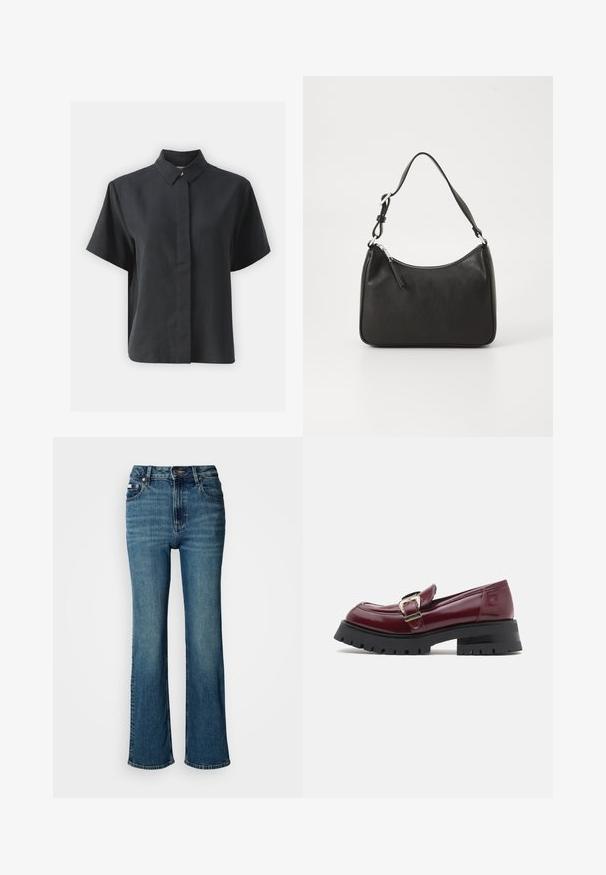 Czarna koszula z krótkim rękawem na guziki z klasycznym kołnierzykiem, wykonana z gładkiego materiału, charakteryzująca się prostym krojem i minimalistycznym wzornictwem.; Jeansy w kolorze niebieskim z wysokim stanem, wykonane z denimu, z prostym krojem nogawki, subtelnym efektem blaknięcia oraz standardowym zapięciem na guzik i zamek błyskawiczny.; Burgundowe lakierowane mokasyny z okrągłym noskiem, z detalem w postaci klamry oraz masywną, czarną, bieżnikowaną podeszwą. Gładka tekstura i elegancki design.; Czarna skórzana torebka o zaokrąglonym kształcie, z pojedynczym uchwytem, zamknięciem na zamek błyskawiczny oraz subtelnym logo z przodu. Gładka faktura, minimalistyczny design.