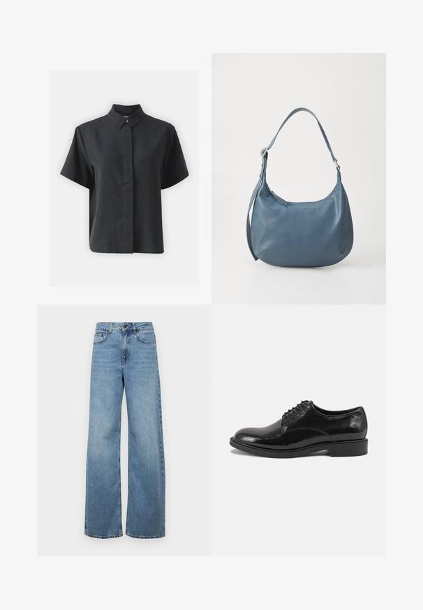 Camicia nera a maniche corte con bottoni, colletto classico, realizzata in un tessuto liscio, con taglio dritto e design minimalista.; Jeans a gamba larga di colore azzurro chiaro realizzati in denim, con vita alta, tasche anteriori e un classico design a cinque tasche, con un leggero sbiadimento.; Scarpe eleganti in pelle nera con finitura lucida, punta rotonda e design con lacci. Presentano un tacco basso impilato e dettagli di cucitura discreti.; Borsa in pelle blu dalla forma arrotondata, con una sola tracolla, chiusura con zip e nome del marchio in rilievo sulla parte anteriore. Texture liscia.