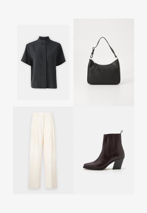 Kortærmet sort skjorte med knapper og klassisk krave, lavet af et glat stof, med lige snit og minimalistisk design.; Breddebenede bukser i creme, lavet af glat stof. Har en skræddersyet design med frontfolder og en lige pasform.; Mørkebrune læderankelstøvler med spidse tær, lodrette ribbede detaljer på siden og en mellemhøj blokhæl.; Sort læderhåndtaske med en buet form, en enkelt rem, lynlås lukning og diskret branding på forsiden. Glat tekstur, minimalistisk design.