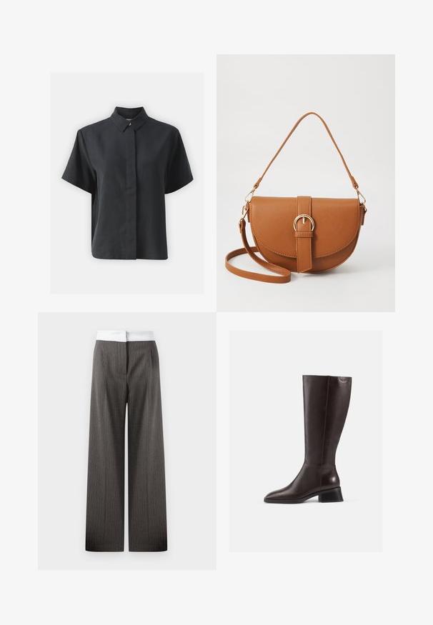 Short-sleeve black button-up shirt with a classic collar, made of a smooth fabric, featuring a straight cut and minimalistic design.; Wide-leg trousers in dark gray featuring vertical pinstripes. The waistband is white and elastic, creating a contrasting detail.; Knee-high brown leather boots with a smooth finish, rounded toe, and a stacked black heel. Simple design with minimal hardware details.; Brown leather crossbody bag with a curved shape, gold hardware, and a buckle accent. Features a detachable shoulder strap.