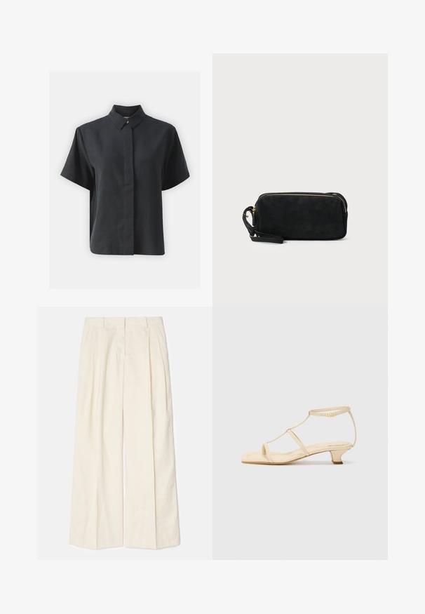 Kortærmet sort skjorte med knapper og klassisk krave, lavet af et glat stof, med lige snit og minimalistisk design.; VIDE-bukser i et blødt, lyst cremefarvet stof. Har frynser foran, bæltesløjfer og en glat tekstur. Skræddersyet design med en ren finish.; Beige hælede sandaler med T-stropdesign, firkantet tå, justerbar ankelrem og lav blokhæl. Glat lædermateriale.; Sort ruskinds clutchtaske med lynlås og aftagelig håndledsrem. Har guldfarvet hardware og en glat, mat tekstur.
